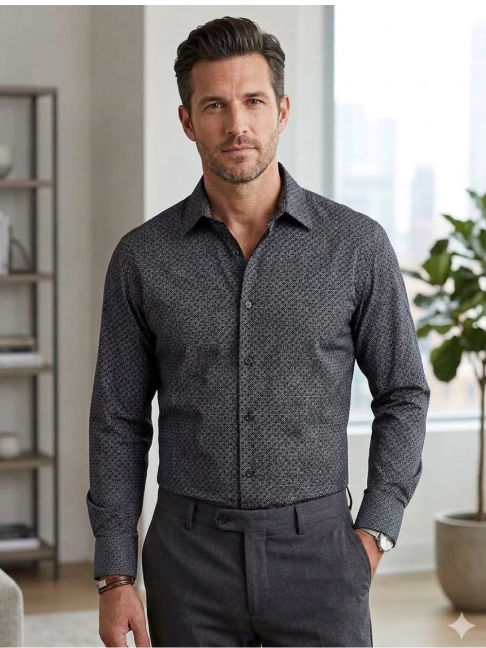 Claiborne Men Black Geometric Print Long Sleeve CottonButton Dress Shirt L 1804